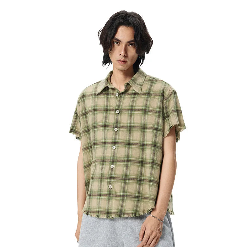 Green Plaid Vintage Lapel Short Sleeve Shirt - MADXMARX