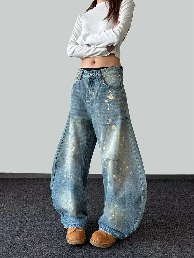Women Vintage Blue Ink Paint Wide Jeans