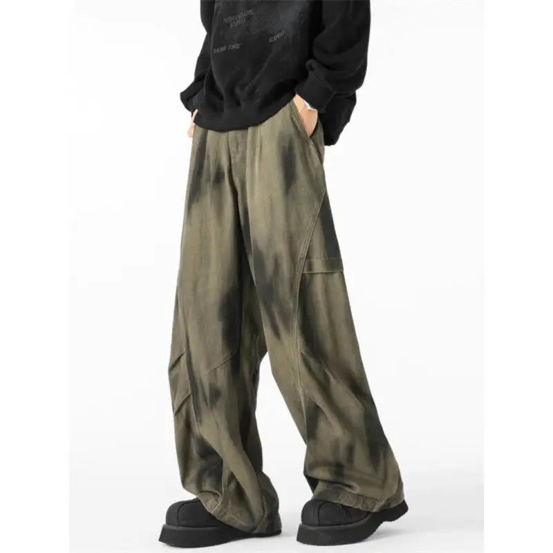 Distressed Tie Dye Denim Wide-Leg Jeans