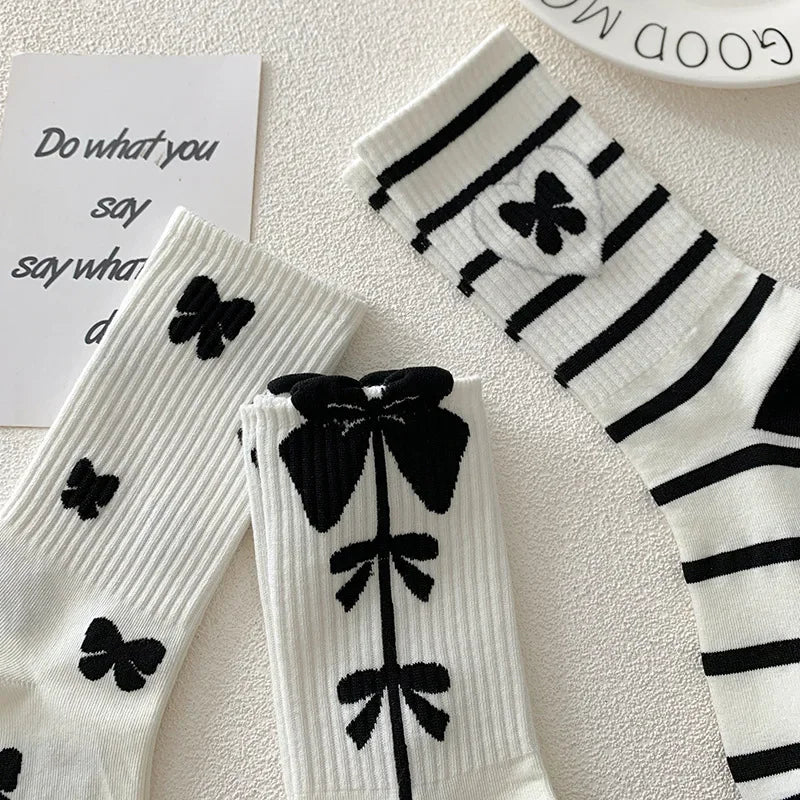 Stylish Black White Strawberry Long Socks