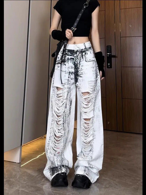 Vintage Damen Streetwear Jeans mit Rissen - Weiß / XL