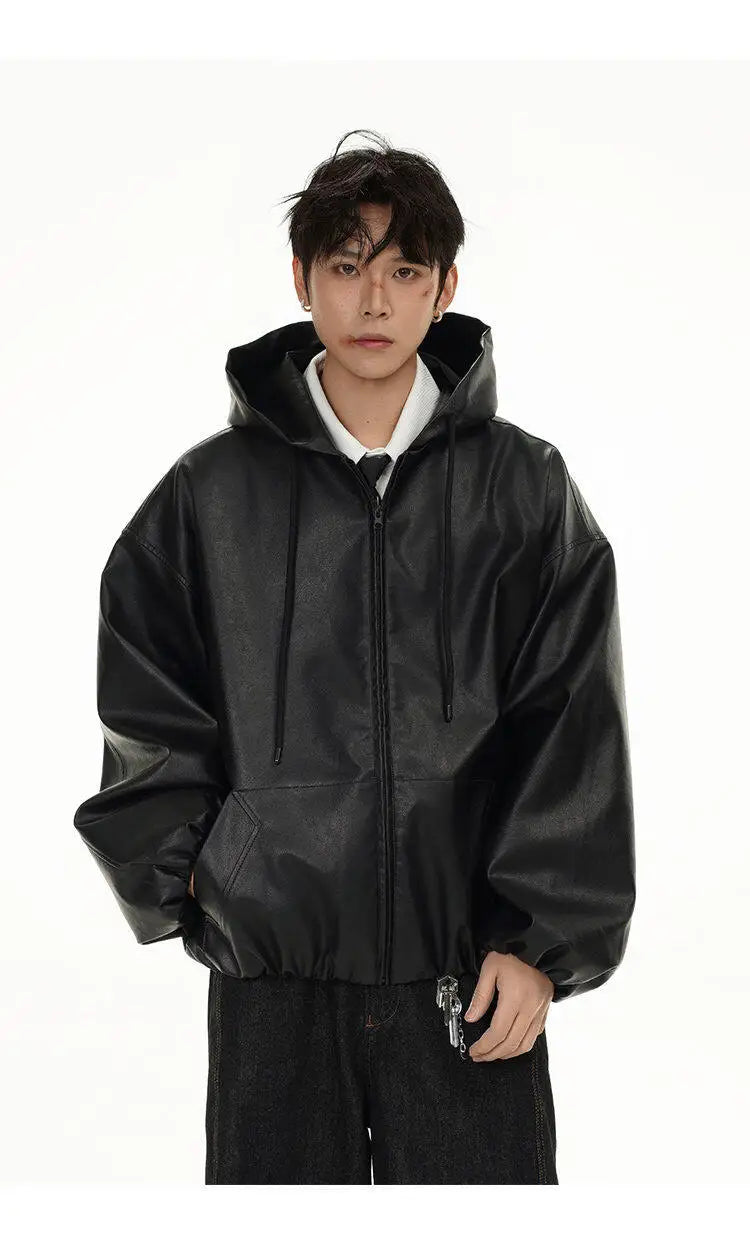 Classic Vintage Bomber Hooded PU Leather Jacket