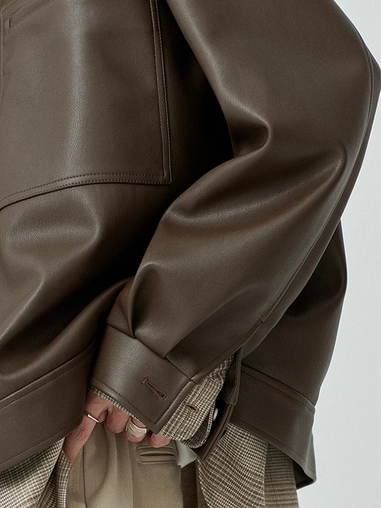 Brown And Black Oversized Faux Leather Jacket