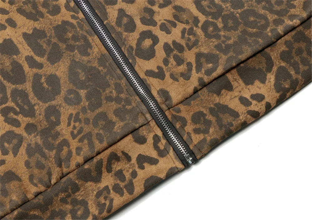 Leopard Zipper Retro Stand-Up Collar Suede Jacket