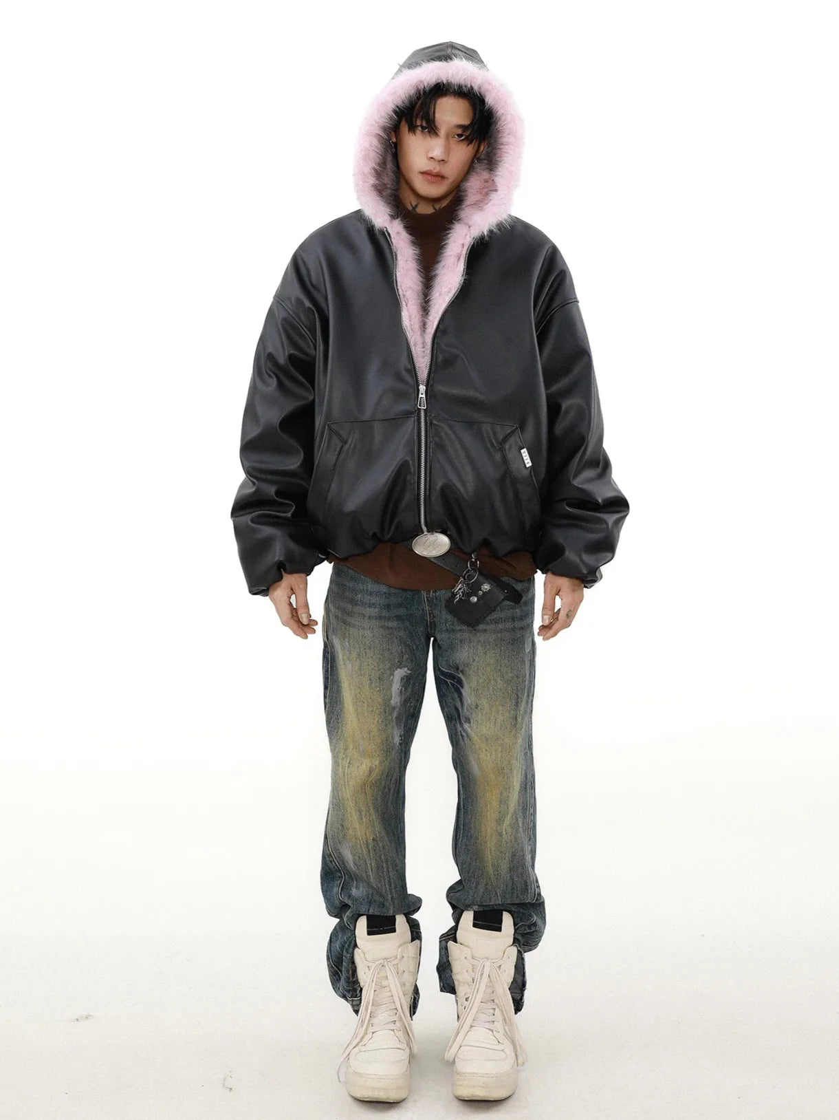 Streetwear Chic Plush Padded Parka Leather Jacket