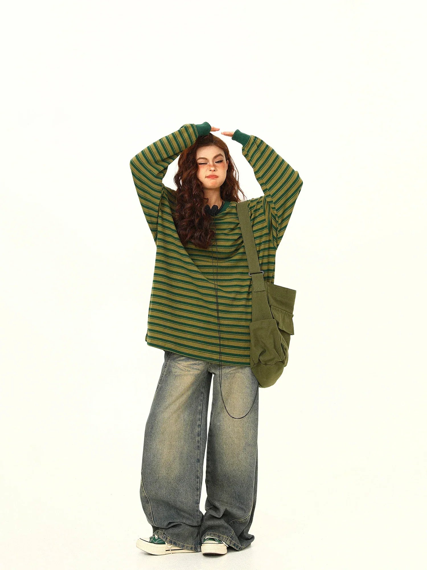 Green Stripe Loose Casual Sweatshirt