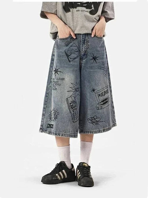 Y2K Damen bedruckte gewaschene Jorts - Blau / S