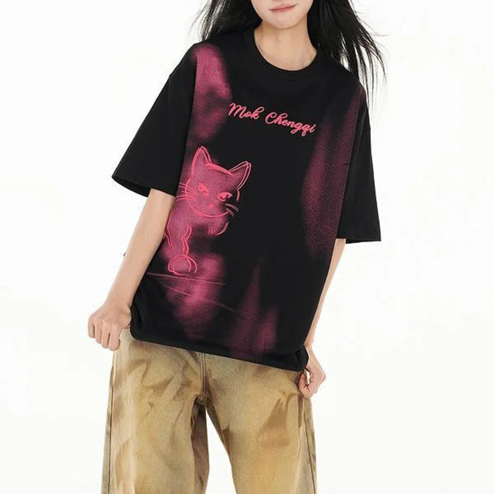 Vintage Kitten Graphic Short Sleeved T-Shirt