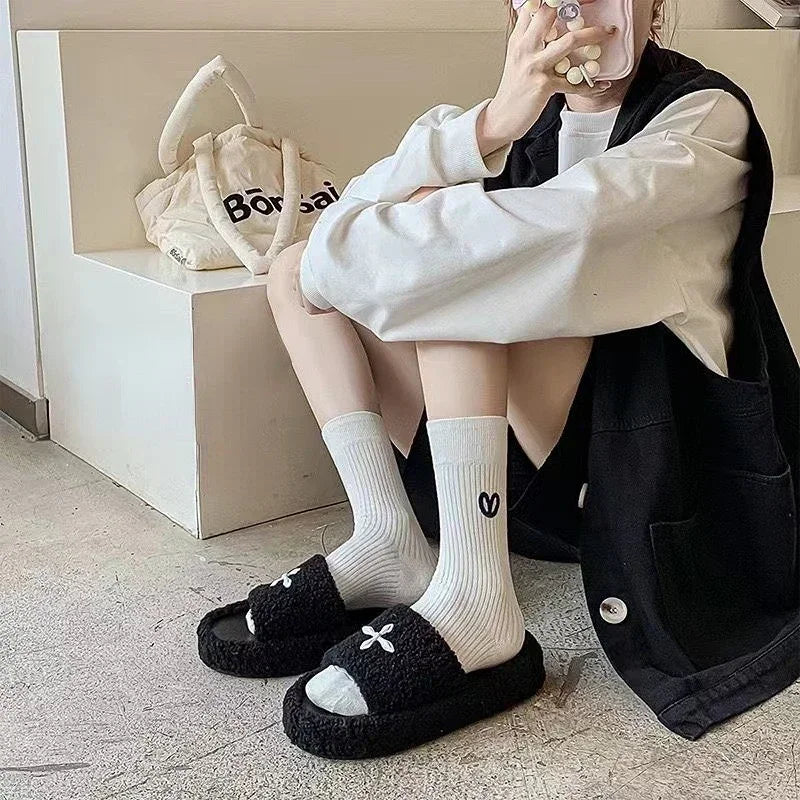 Embroidered Love Cotton Mid Tube Socks