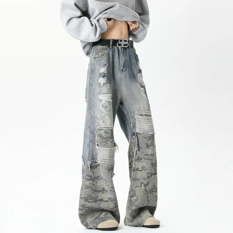 Stylish Camouflage Ripped Patchwork Wide Jeans