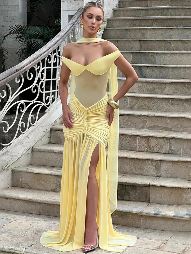 Elegant Mesh Ruched Maxi Dress