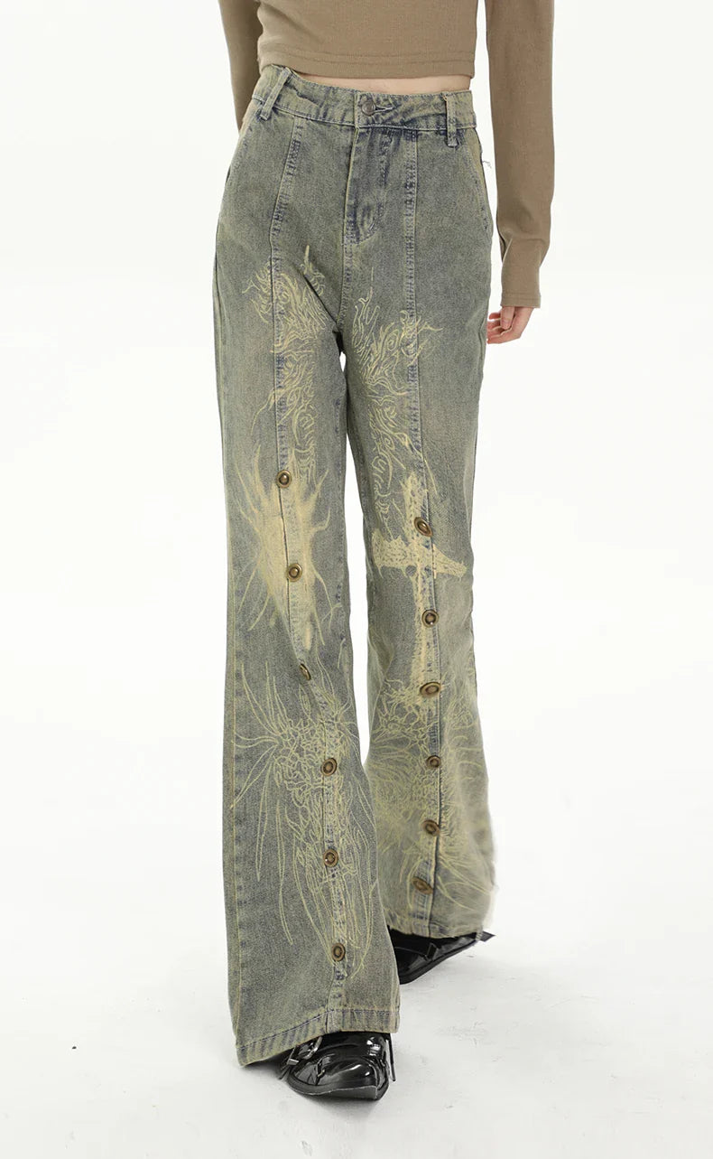 Women Vintage High Waist Streetwear Wide Leg Jeans