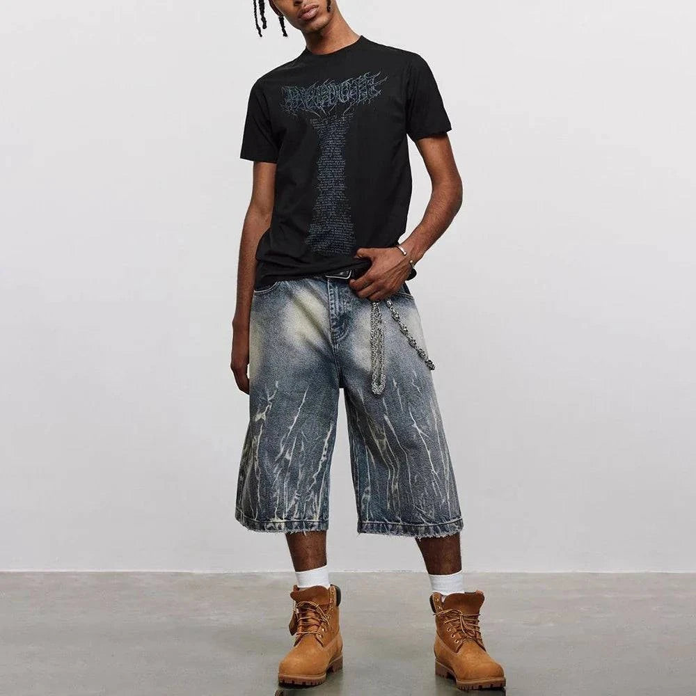 Lightning-Muster gewaschene kurze Jeans-Shorts