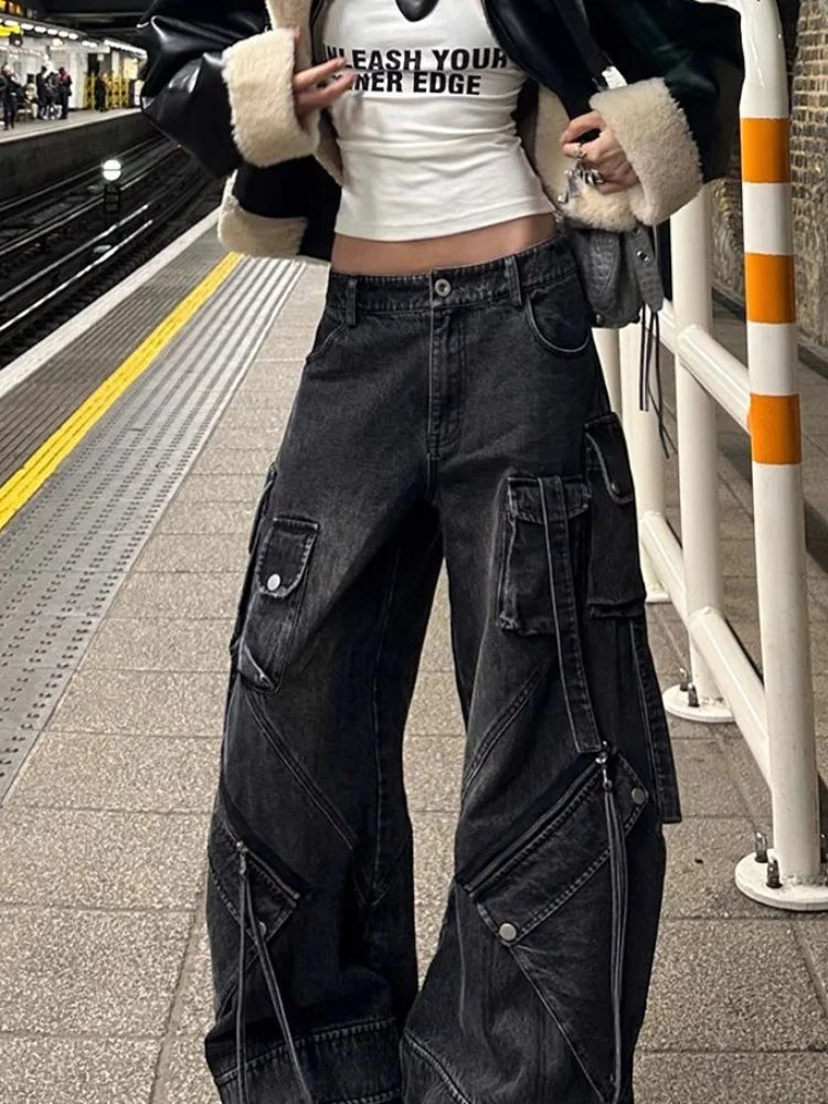 Women Washed Black Baggy Cargo Jeans