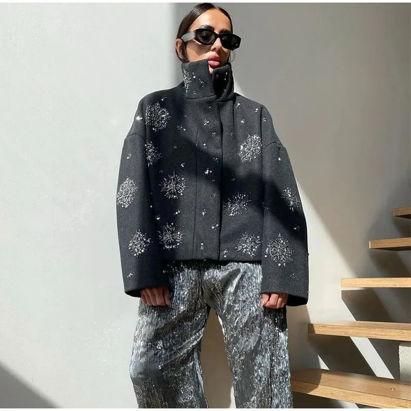 Relaxed Diamond Spliced Loose Stand Neck Jacket