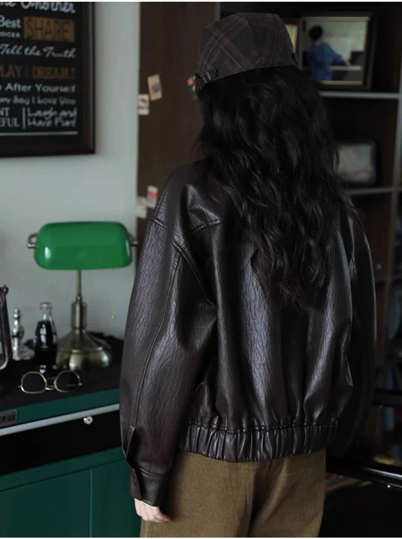 Classic Brown Handsome Short PU Leather Jacket