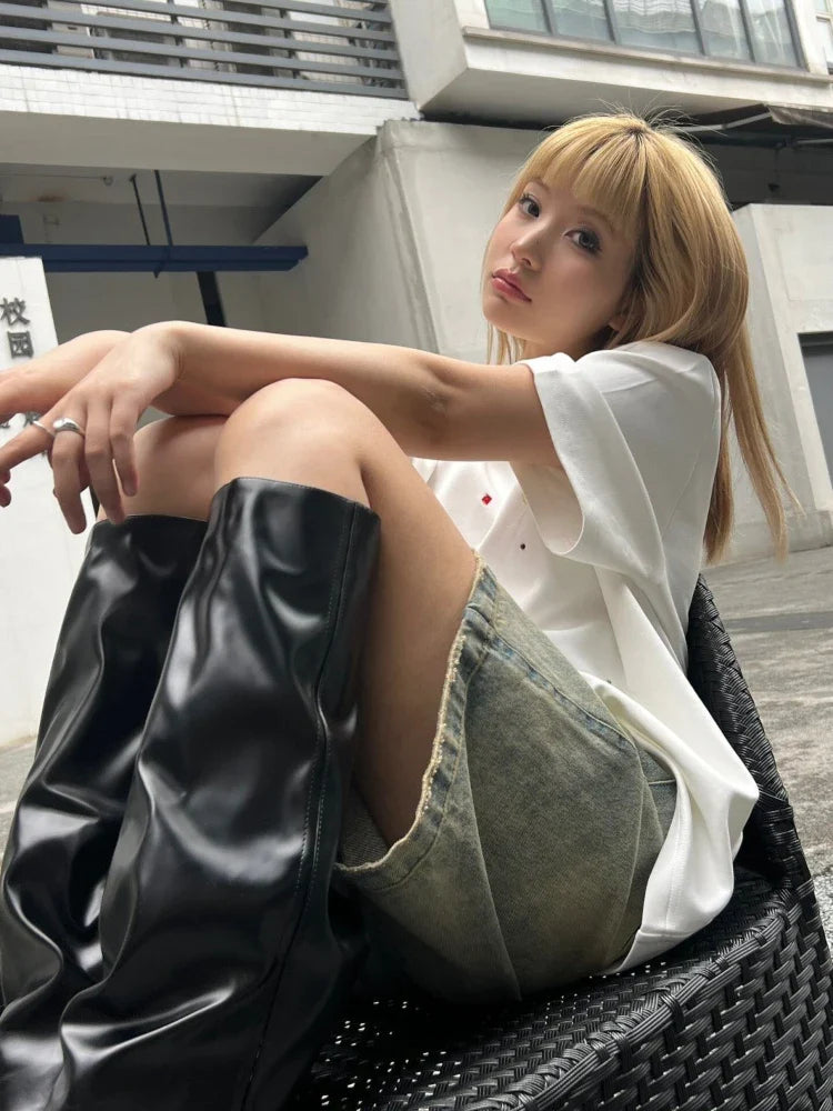 Pantaloncini di jeans da donna a vita alta, stile streetwear