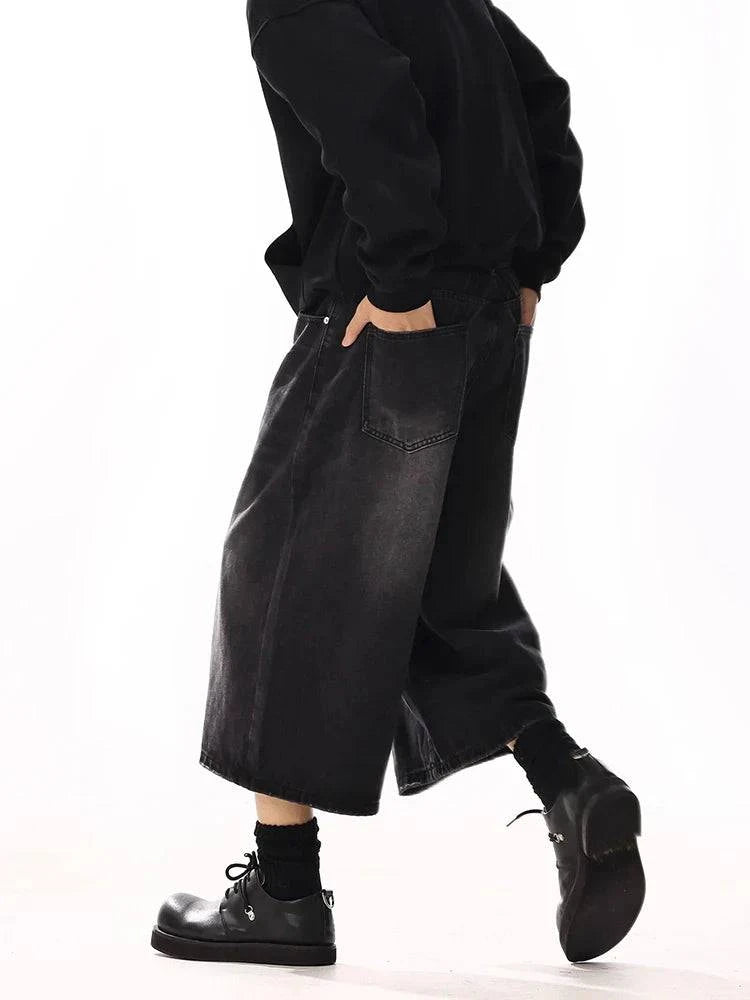 Men Black Wide Leg Cleanfit Denim Jorts