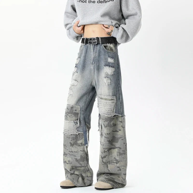 Stylish Camouflage Ripped Patchwork Wide Jeans
