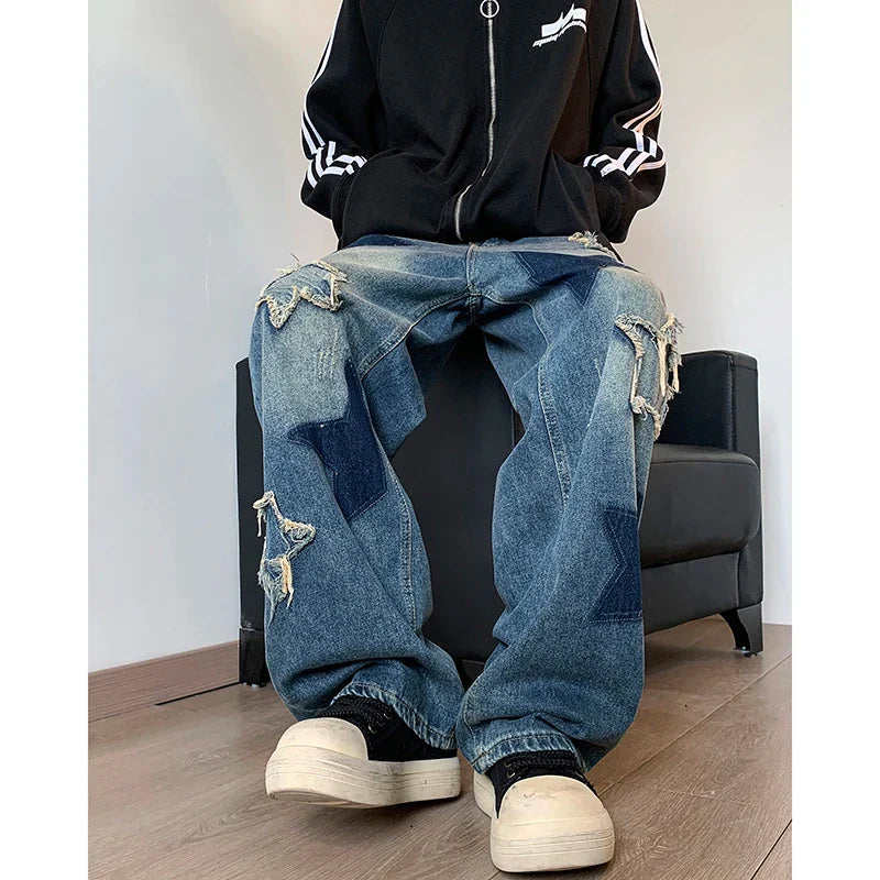 Embroidered Star Patchwork Wide Leg Jeans