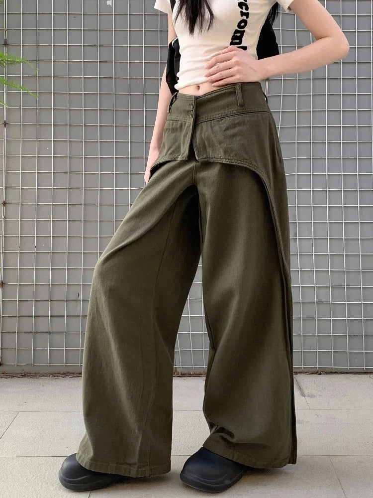 Vintage Army Green Patchwork Baggy Jeans