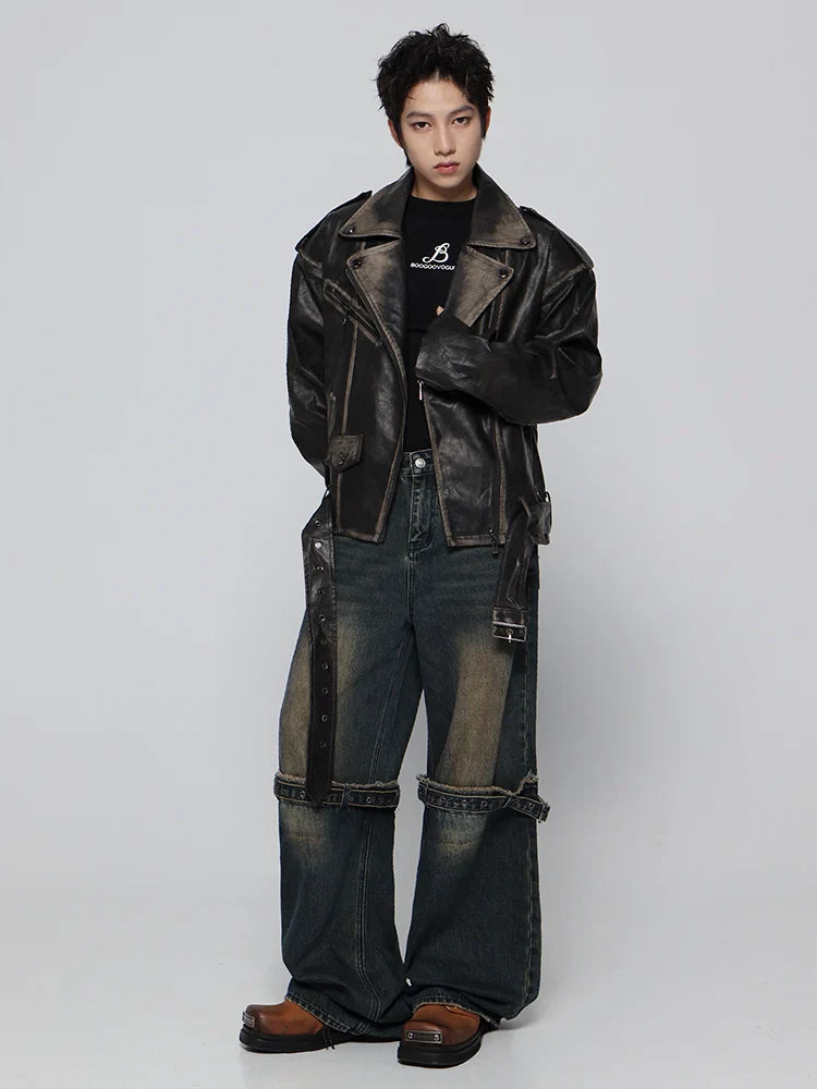 Streetwear Retro Distressed Black Leather Jacket