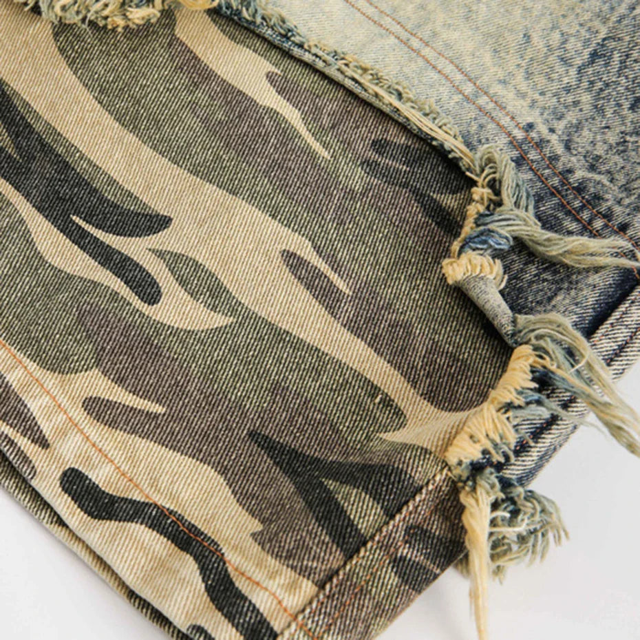 Vintage Camouflage Patchwork Denim Shorts Jeans
