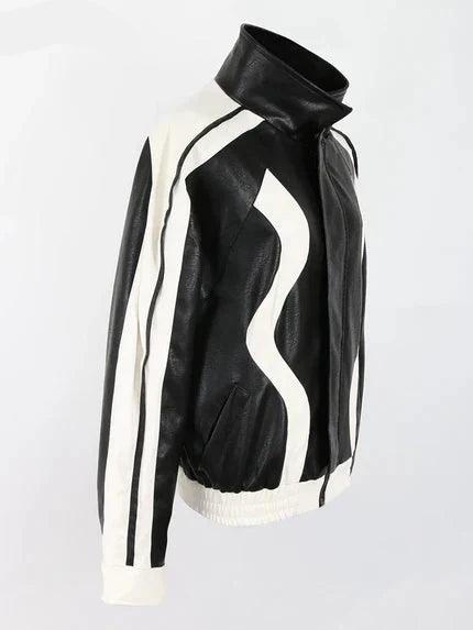 Streetwear Color Block Faux Leather Jacket