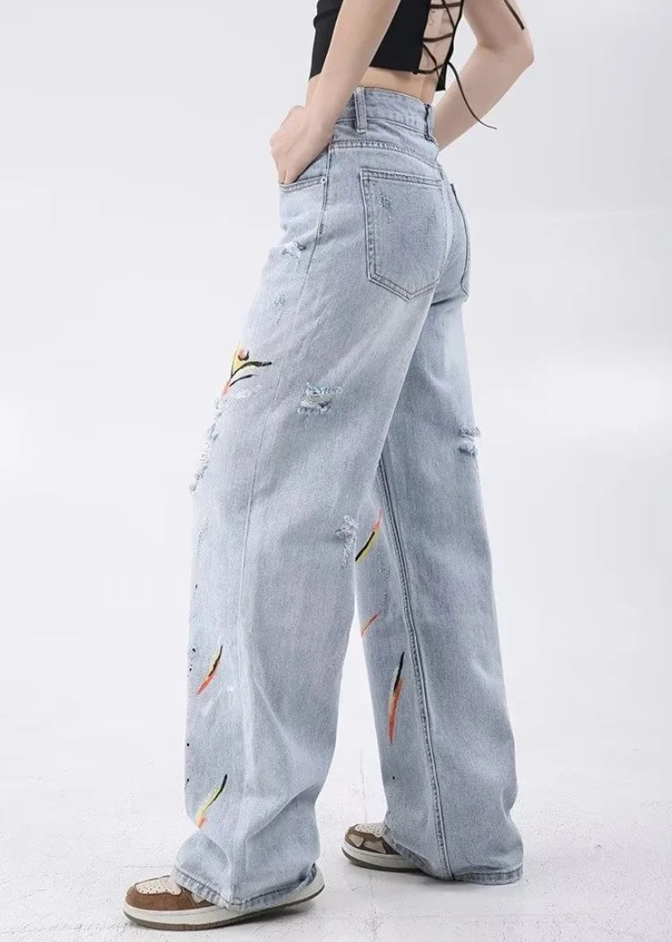 Vintage Washed Blue Graffiti Baggy Jeans