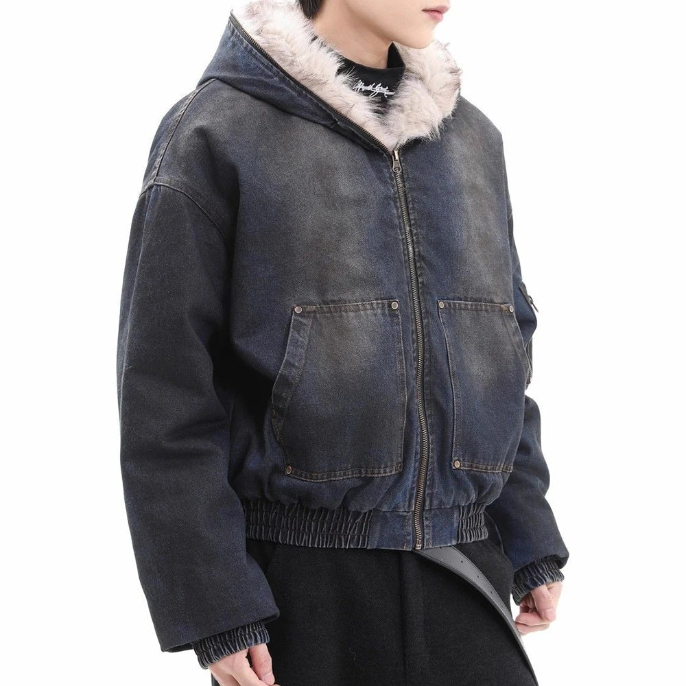 Winter Thickened Furry Hooded Denim Jacket