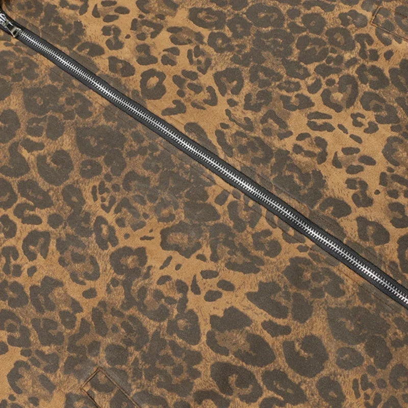 Leopard Zipper Retro Stand-Up Collar Suede Jacket