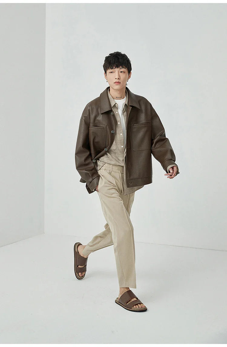Brown And Black Oversized Faux Leather Jacket