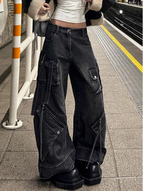 Women Washed Black Baggy Cargo Jeans - Black / XXXL