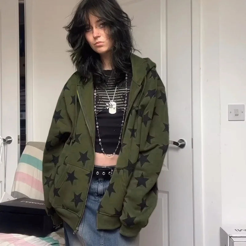 Gothic Stars Print Zip Up Sweatshirt