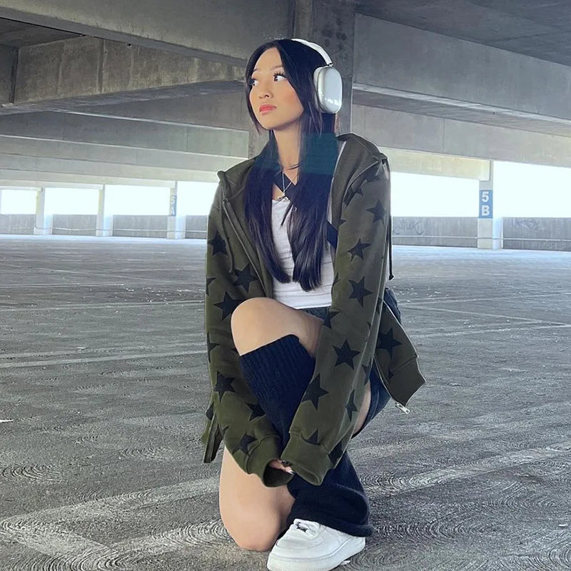 Gothic Stars Print Zip Up Sweatshirt