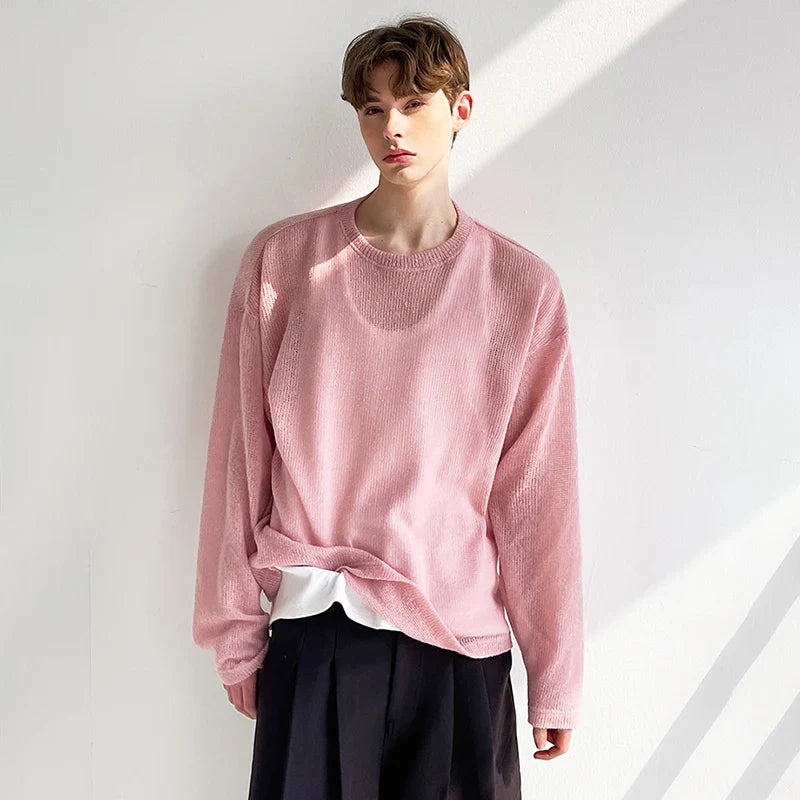 Camiseta de punto con cuello redondo, elegante y elegante, de color rosa