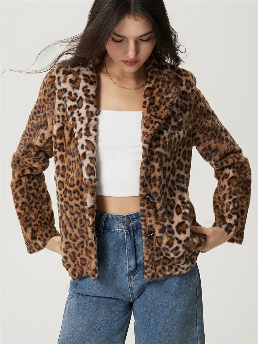 Women Leopard Print Faux Fur Jacket