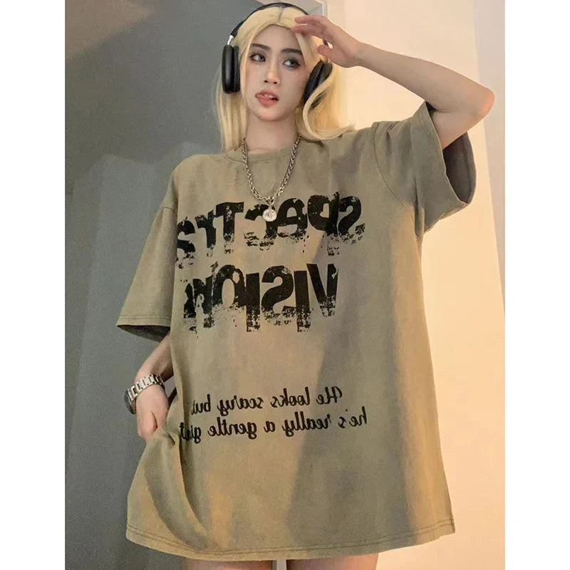 Durable Loose Vintage Letter Print Cotton T-Shirt