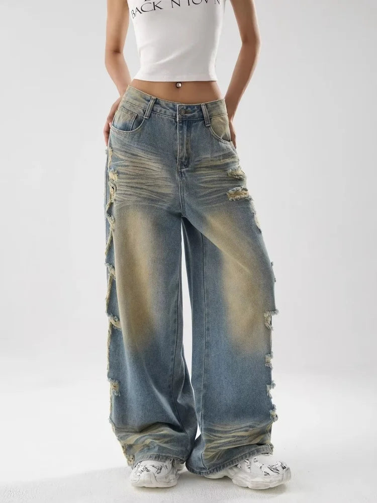 Vintage Distressed Blue Stacked Wide Jeans