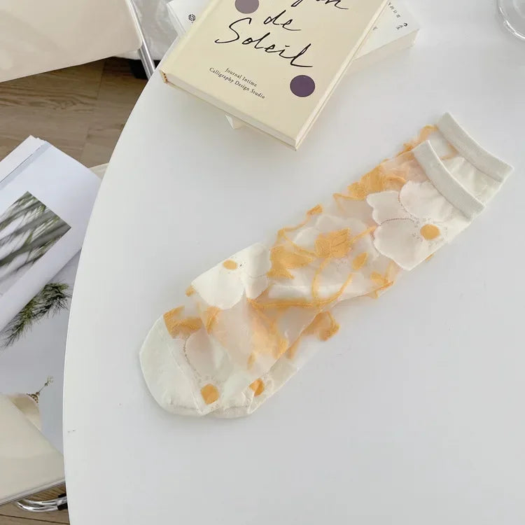 Silk Floral Summer School Socks Mid Tube