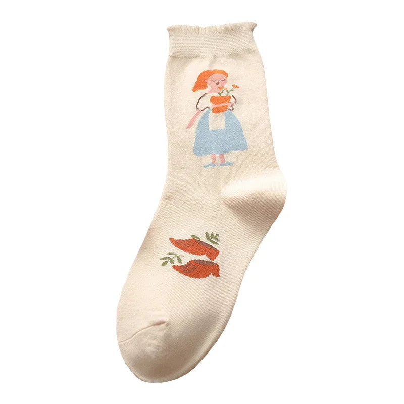 Sweet Kawaii Cartoon Print Floral Socks