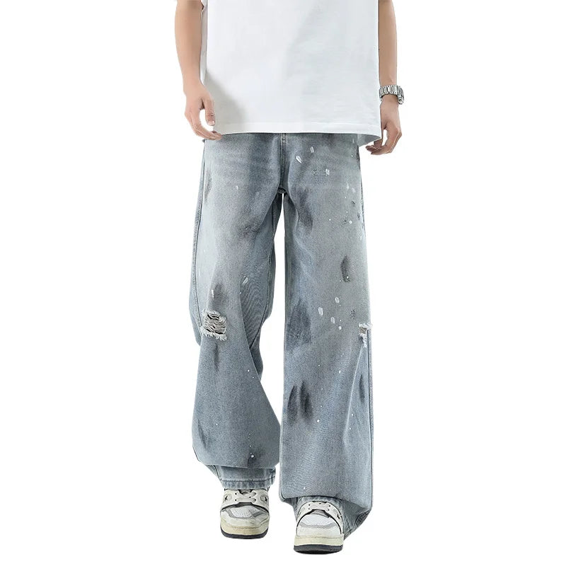 Ripped Baggy Graffiti Printed Denim Jeans