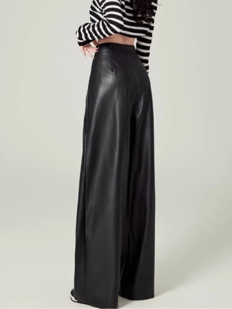 Stylish High Waist Drape Leather Pants