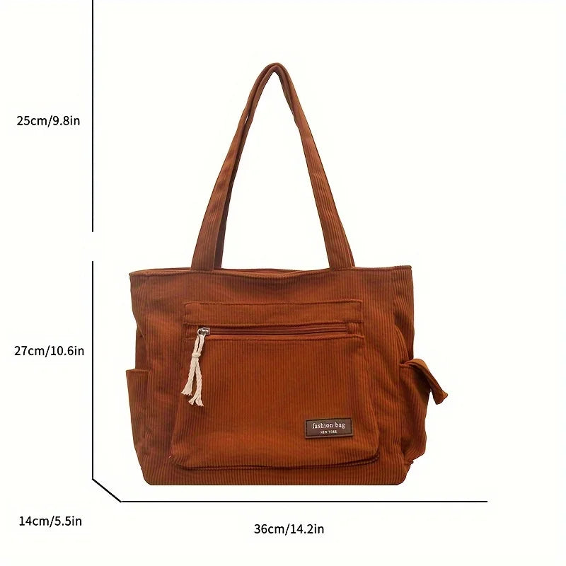 Retro Corduroy Tote Bag Multi-Pocket Handbag
