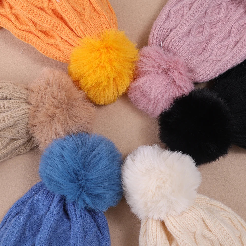 Winter Thick Fur Ball Knitted Beanie
