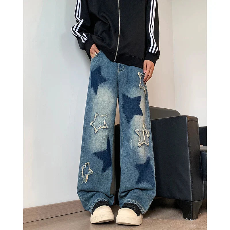 Embroidered Star Patchwork Wide Leg Jeans