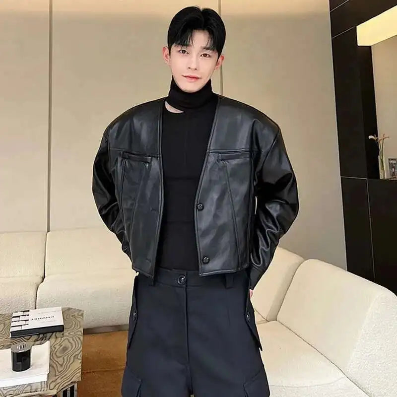 Stylish Trendy Collarless Moto Leather Jacket