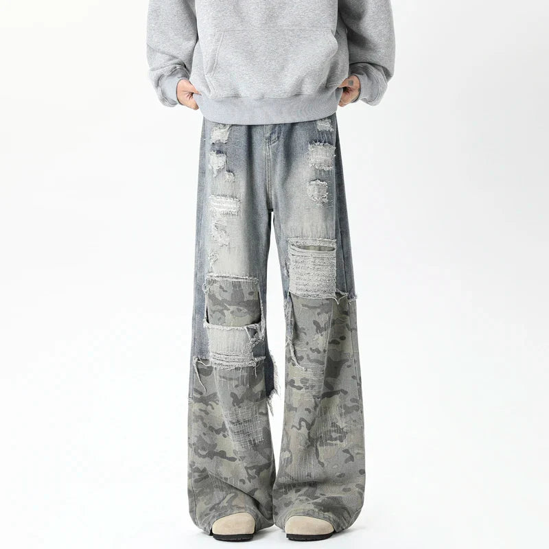 Stylish Camouflage Ripped Patchwork Wide Jeans