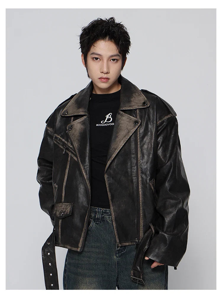 Streetwear Retro Distressed Black Leather Jacket