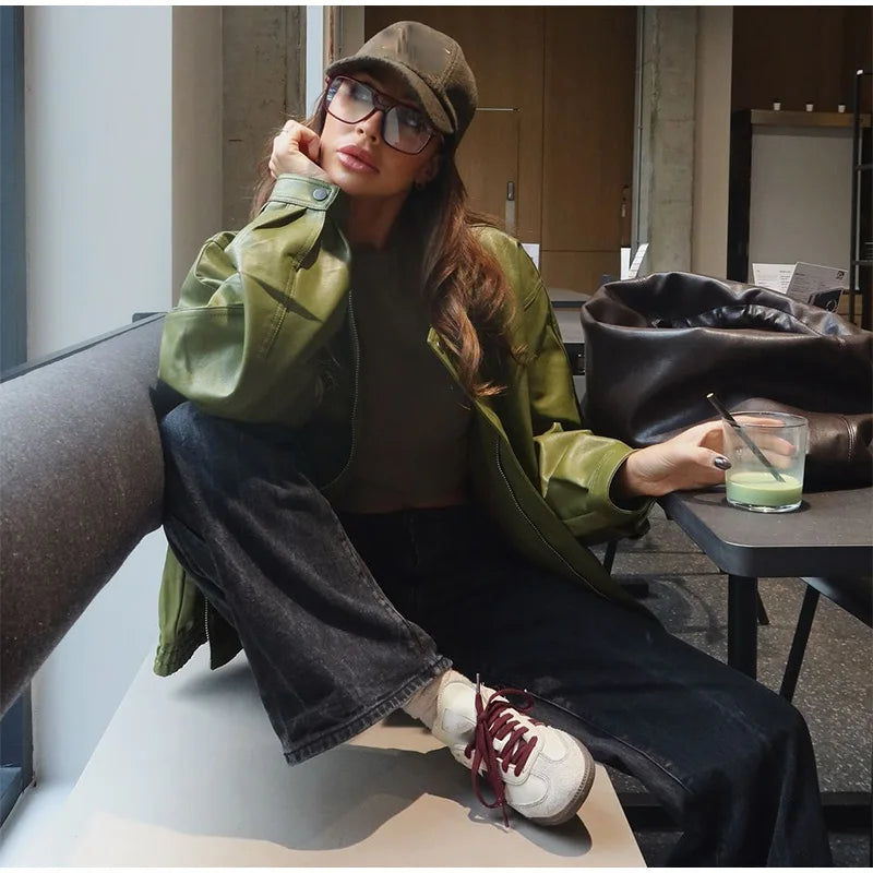 Veste en cuir PU verte décontractée chic à col à revers pour femme